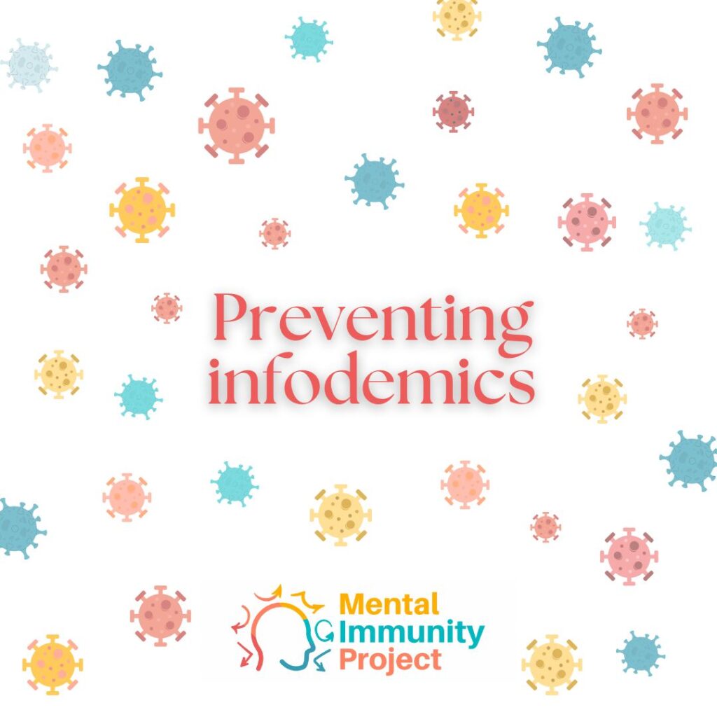 "Preventing Infodemics" in field of cartoon viruses, Mental Immunity Project logo below