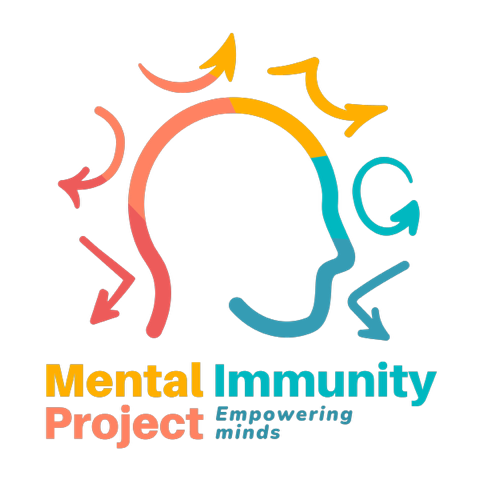 Mental Immunity Project multicolored head logo with arrows, brand name, and tagline: Empowering Minds