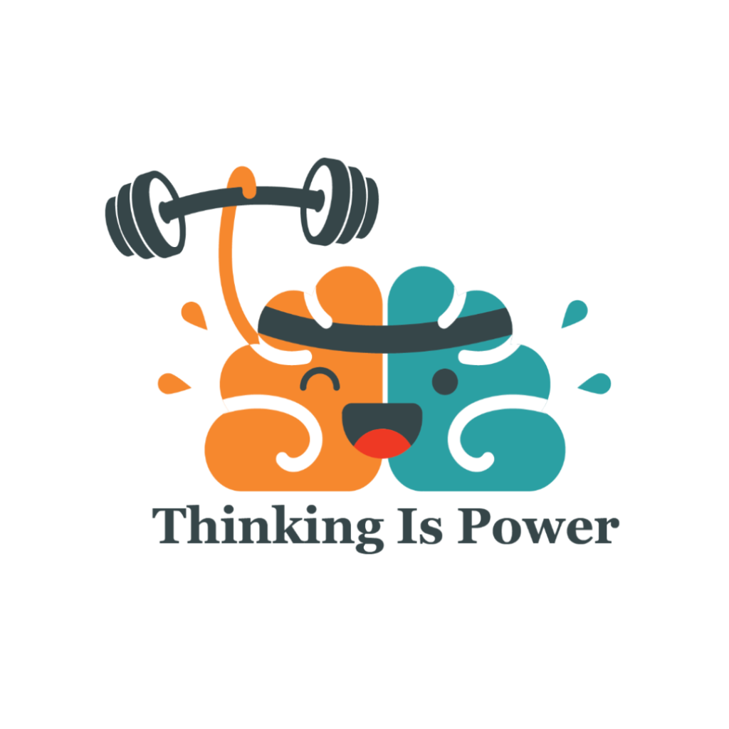 Thinking Is Power Brain Logo, smiling and winking half orange and half blue brain with black headband holding dumbbell above